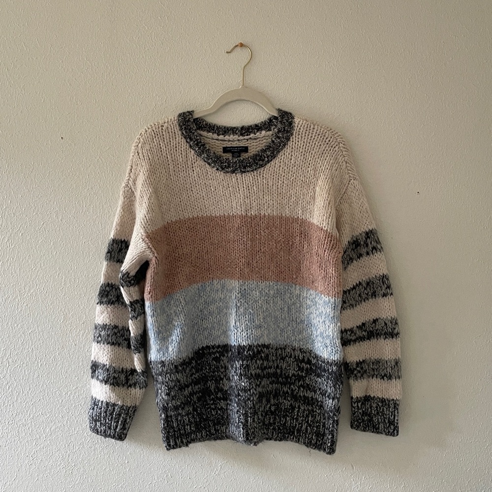 American Eagle Striped Crew Sweater Oversized Wool Blend Coastal Eclectic